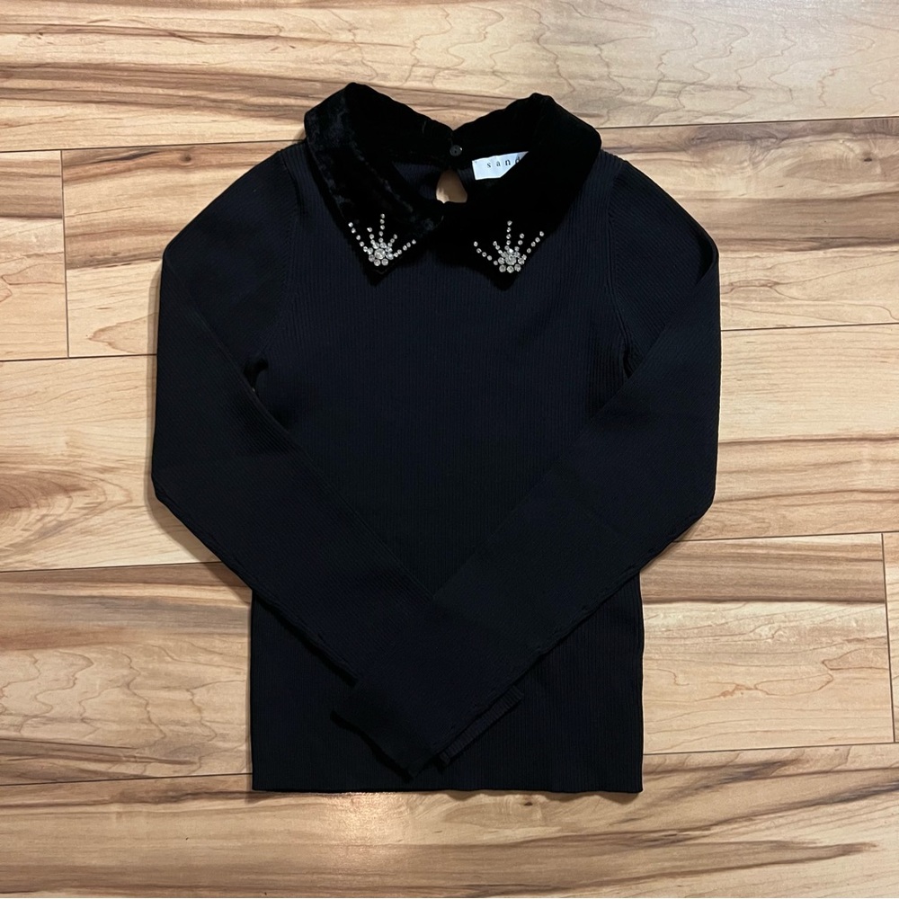 Sandro Paris Velvet Jeweled Collar Top Small Black
